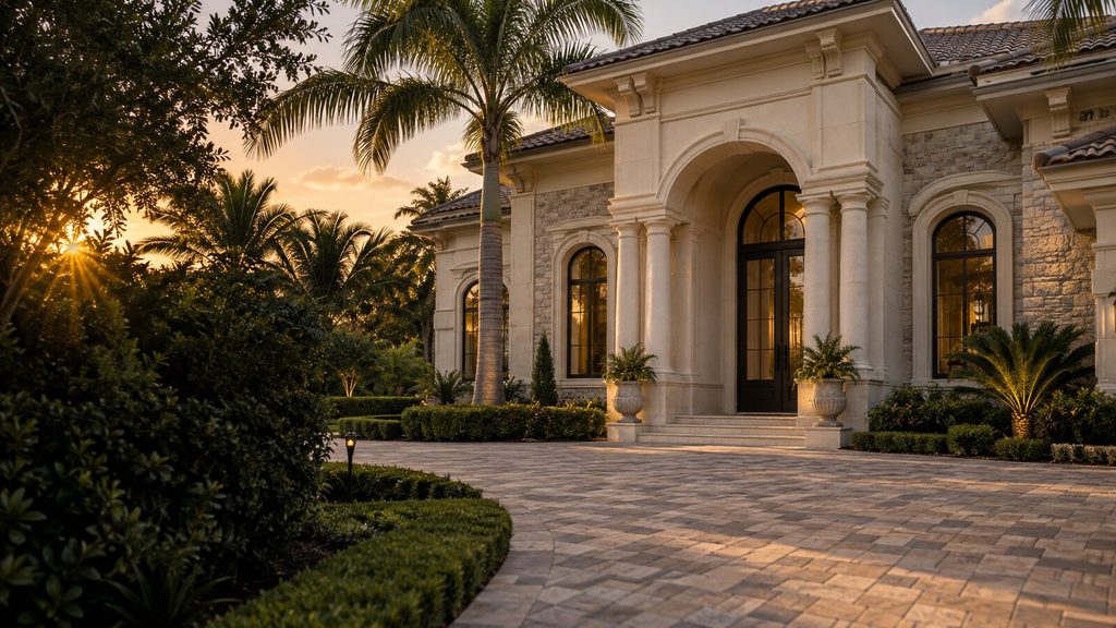Architectural precast entry columns and trim on a luxury home in Naples, Florida
