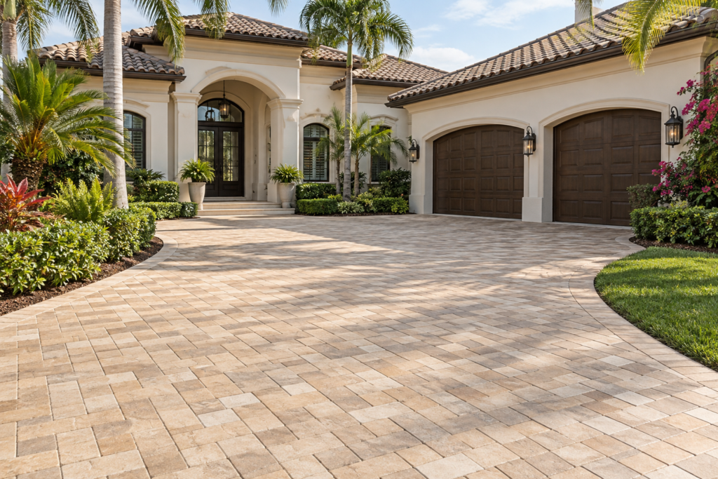 Custom stone paver driveway installation at a luxury home in Naples, Florida
