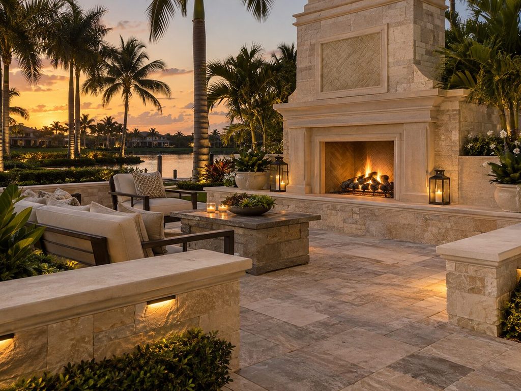 Custom stone outdoor fireplace and paver patio in Naples, Florida