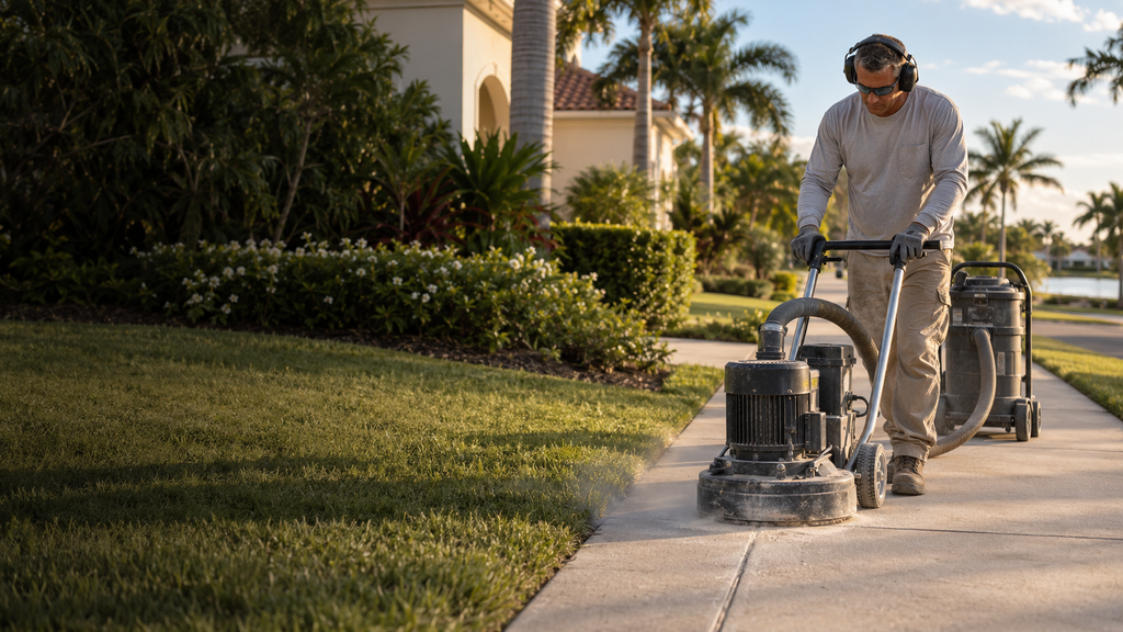 Contractor grinding an uneven concrete sidewalk in Naples, Florida